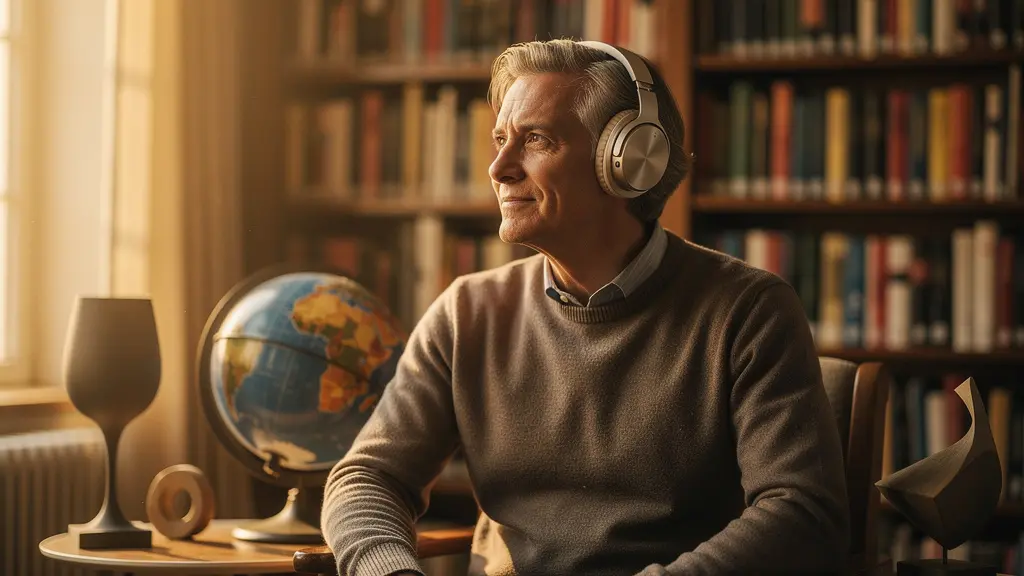 Personne mature souriante avec casque audio dans un environnement chaleureux de bibliothèque