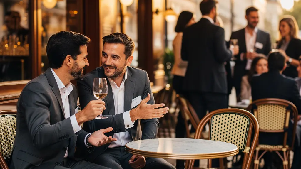 Professionnels échangeant lors d'un afterwork dans un café parisien