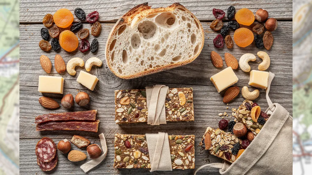 Assortiment d'aliments de randonnée étalés sur une carte topographique, mélangeant options salées et sucrées