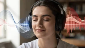 Personne concentrée portant des écouteurs, entourée d'ondes sonores colorées symbolisant différents accents français