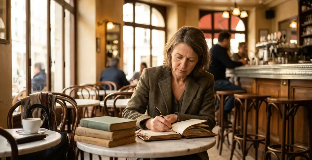 Une personne de 40 ans étudiant une nouvelle langue dans un café français avec des livres et un carnet de notes