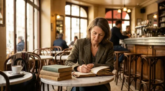 Une personne de 40 ans étudiant une nouvelle langue dans un café français avec des livres et un carnet de notes