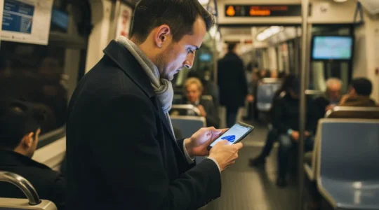 Navetteur concentré apprenant avec son smartphone dans le métro parisien bondé