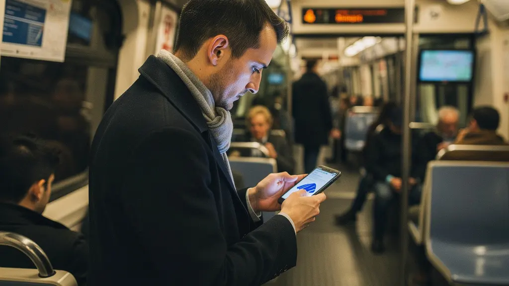 Navetteur concentré apprenant avec son smartphone dans le métro parisien bondé