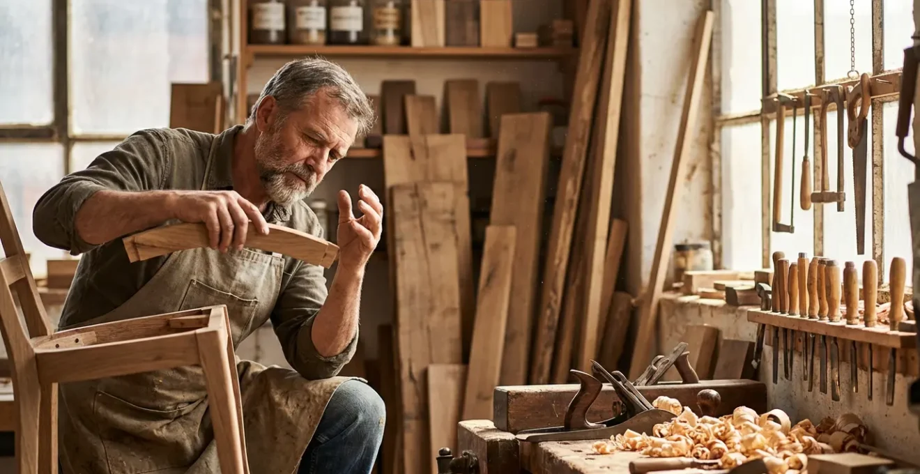 Artisan ébéniste quadragénaire travaillant dans son atelier avec outils traditionnels et planches de bois nobles