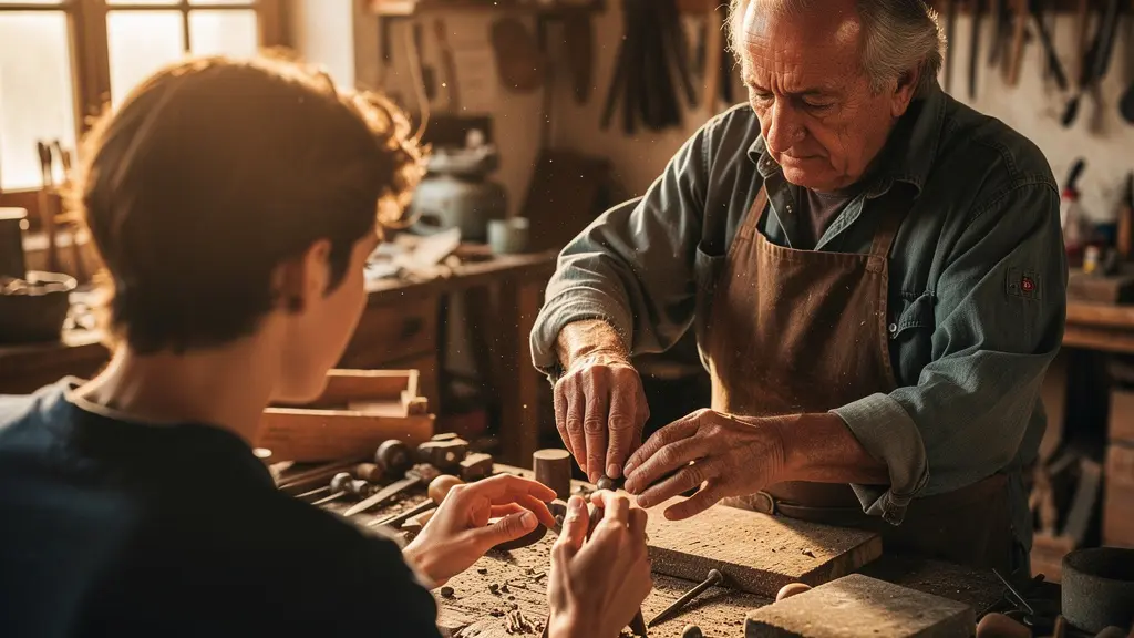 Artisan français transmettant son savoir-faire ancestral dans un atelier authentique