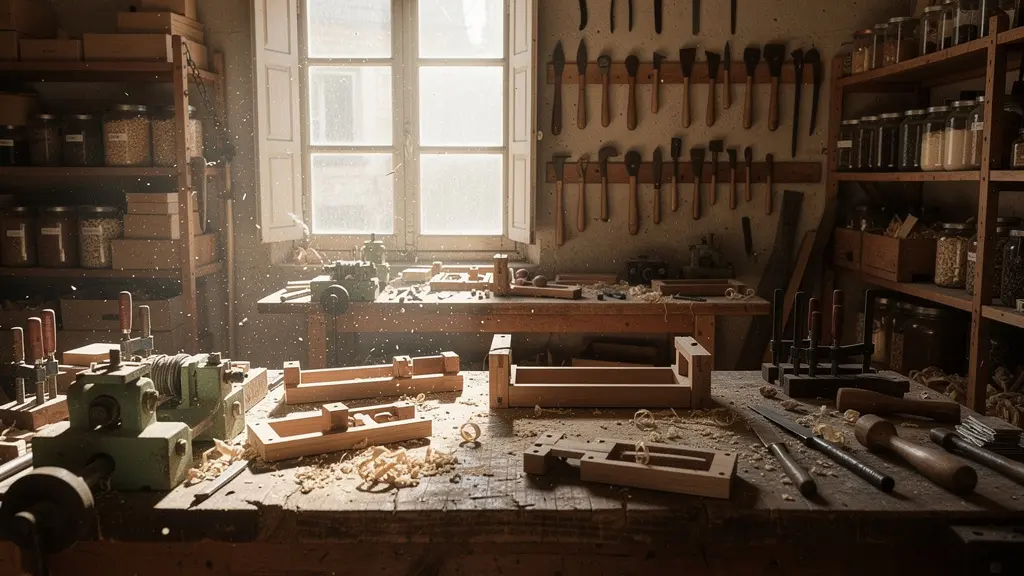 Atelier d'artisan français avec outils traditionnels et matériaux locaux authentiques