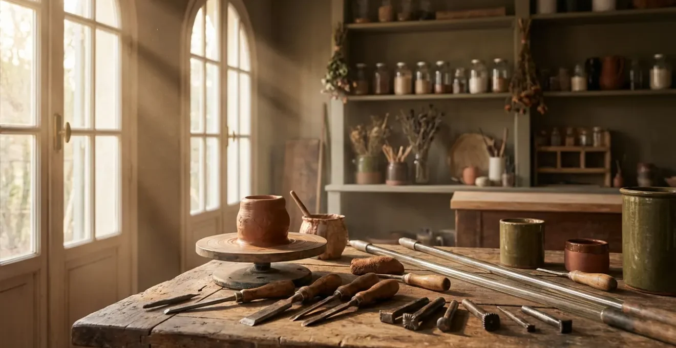 Atelier d'artisan avec outils traditionnels et matières premières disposés sur une table de travail