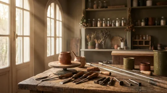 Atelier d'artisan avec outils traditionnels et matières premières disposés sur une table de travail