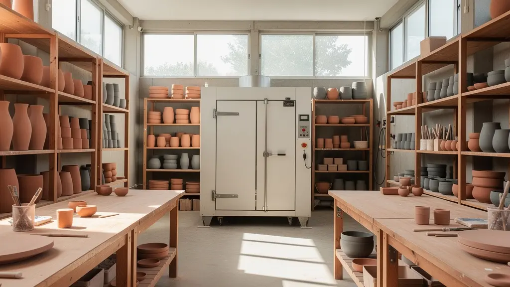 Vue d'ensemble d'un atelier de céramique partagé avec four de cuisson et étagères de séchage