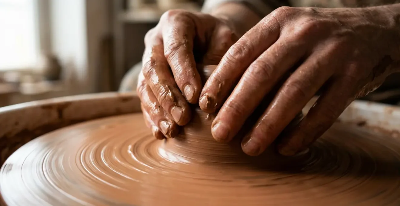 Gros plan sur les mains d'un artisan façonnant un bol en argile sur un tour de potier