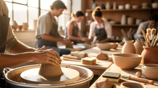 Vue d'ensemble d'un atelier de poterie baigné de lumière naturelle avec des mains travaillant l'argile et des créations artisanales