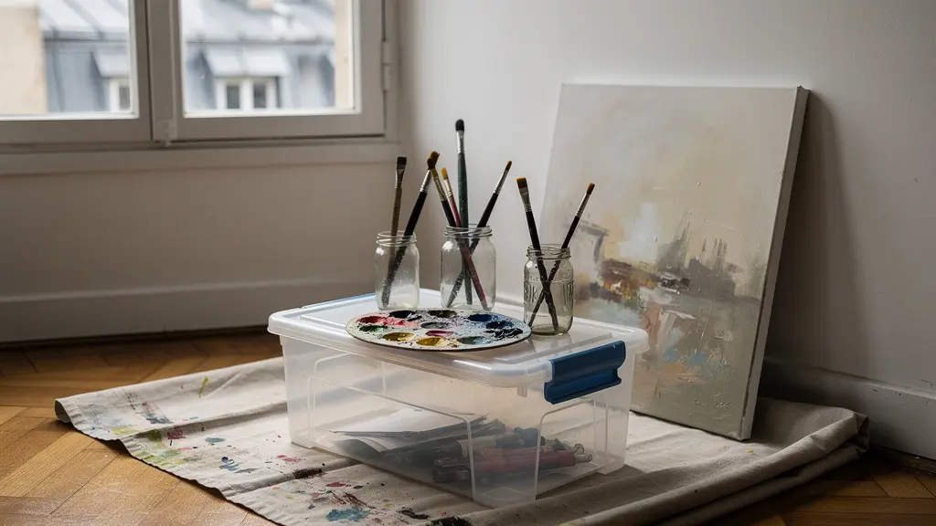 Espace de peinture organisé dans un coin d'appartement avec protections et rangements
