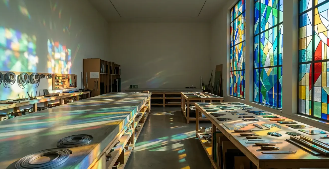 Atelier de vitrailliste baigné de lumière colorée avec outils de coupe et plombs