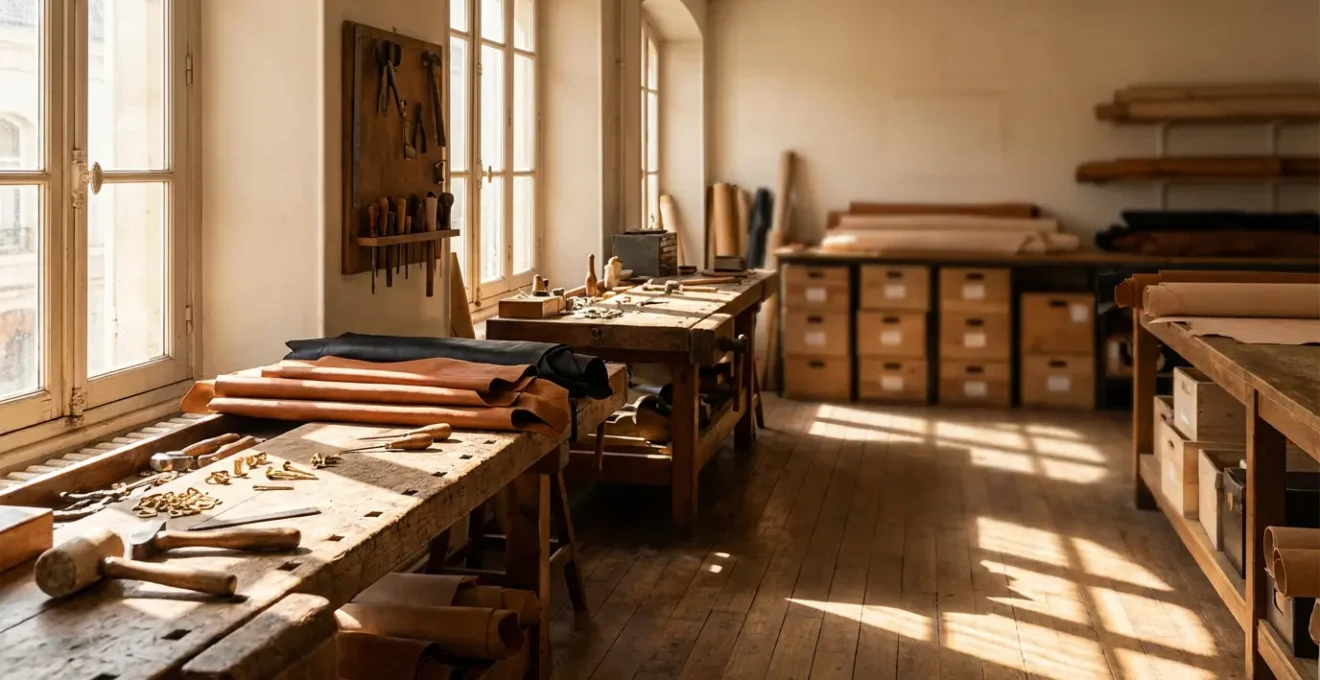 Artisan maroquinier français travaillant le cuir dans son atelier traditionnel