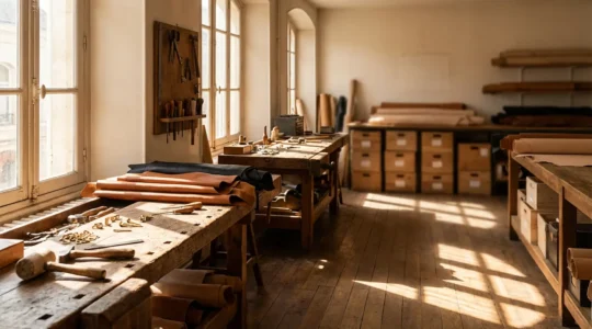 Artisan maroquinier français travaillant le cuir dans son atelier traditionnel