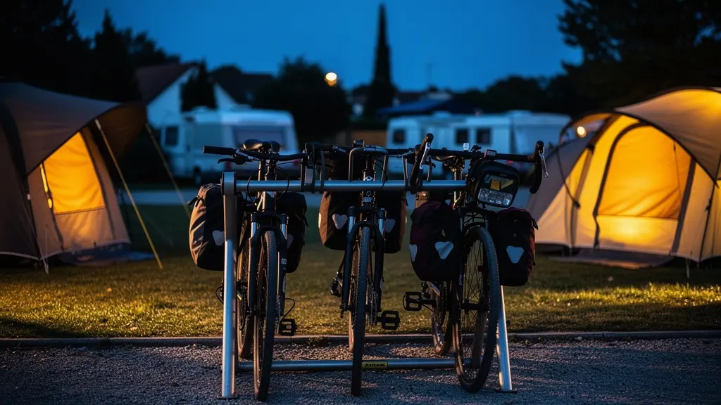 Emplacement de camping municipal français au crépuscule avec vélos attachés près des tentes