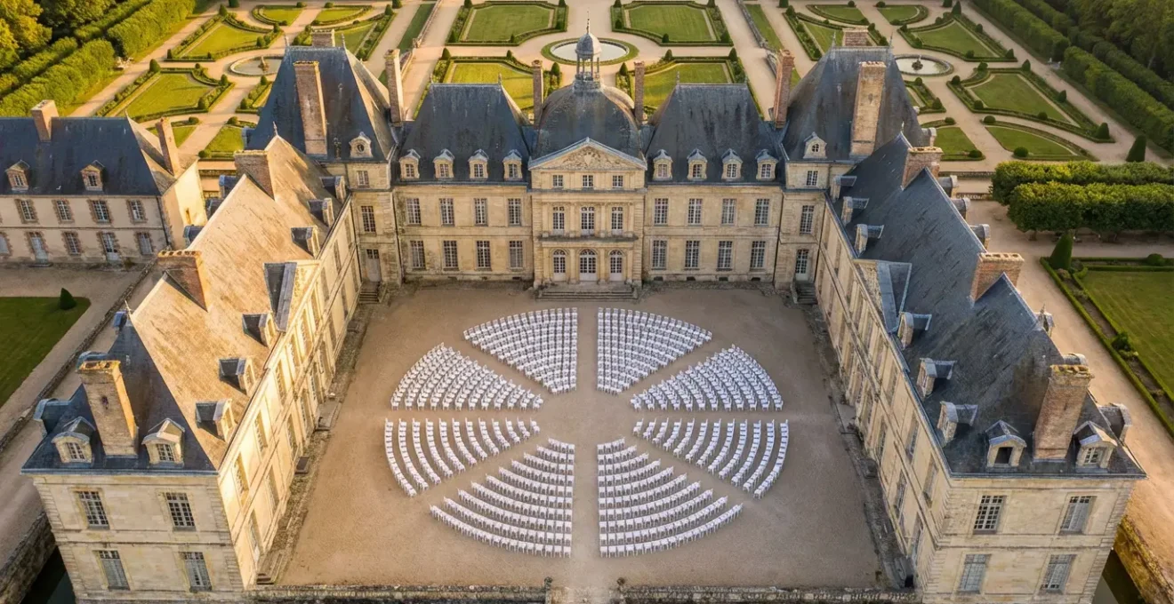 Vue aérienne d'un château français avec jardins à la française accueillant un événement dans la cour d'honneur