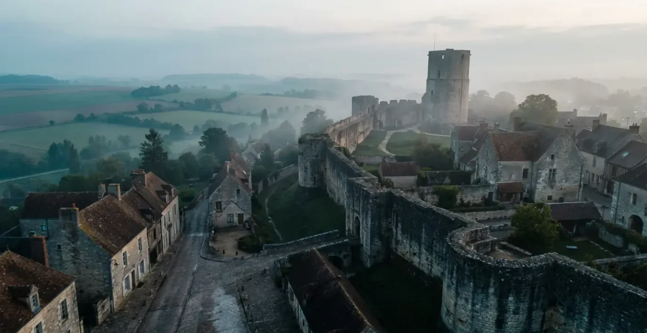 Vue aérienne de la cité médiévale de Provins avec ses remparts et la Tour César dominant le paysage