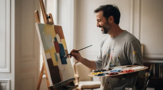 Artiste débutant devant sa première toile, pinceaux et palette de couleurs à la main, dans un atelier lumineux