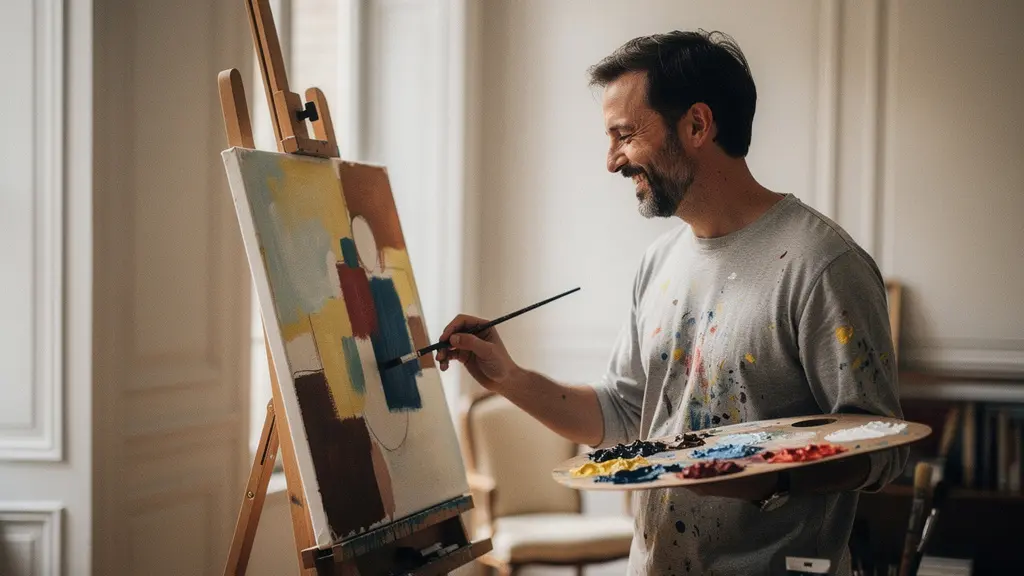Artiste débutant devant sa première toile, pinceaux et palette de couleurs à la main, dans un atelier lumineux