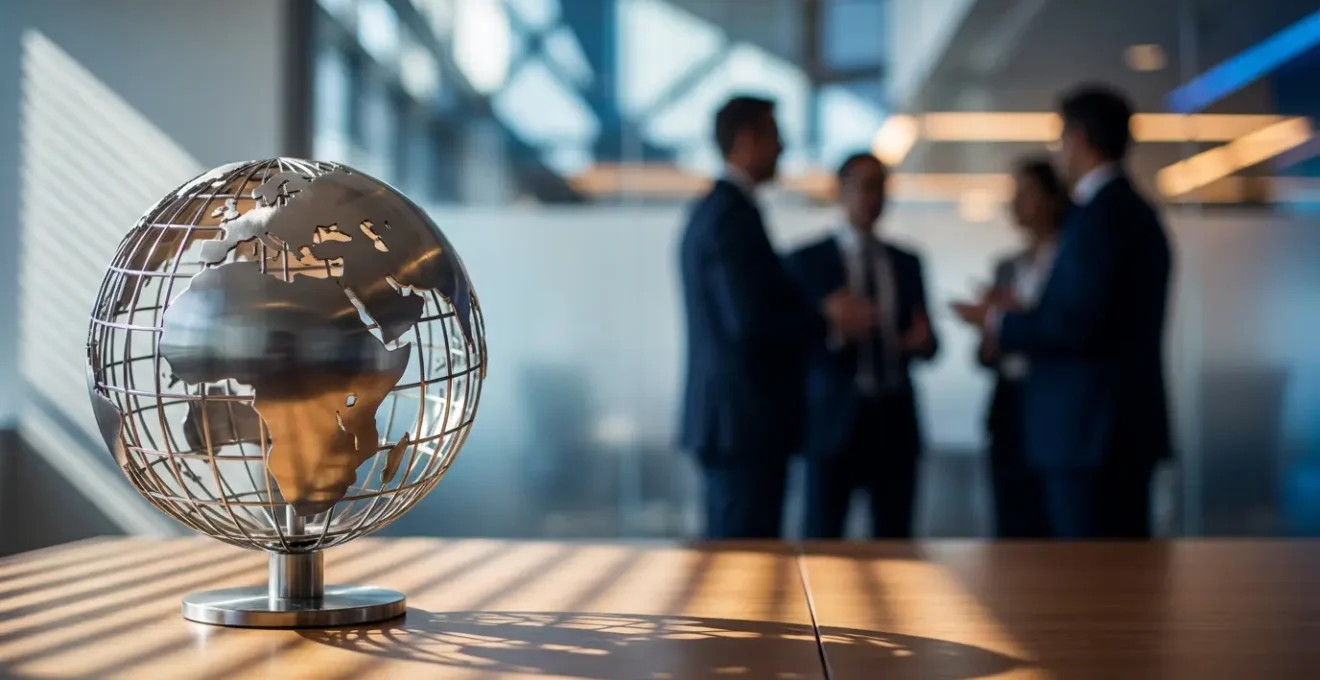 Commercial en négociation internationale dans un environnement d'affaires moderne avec un globe en premier plan