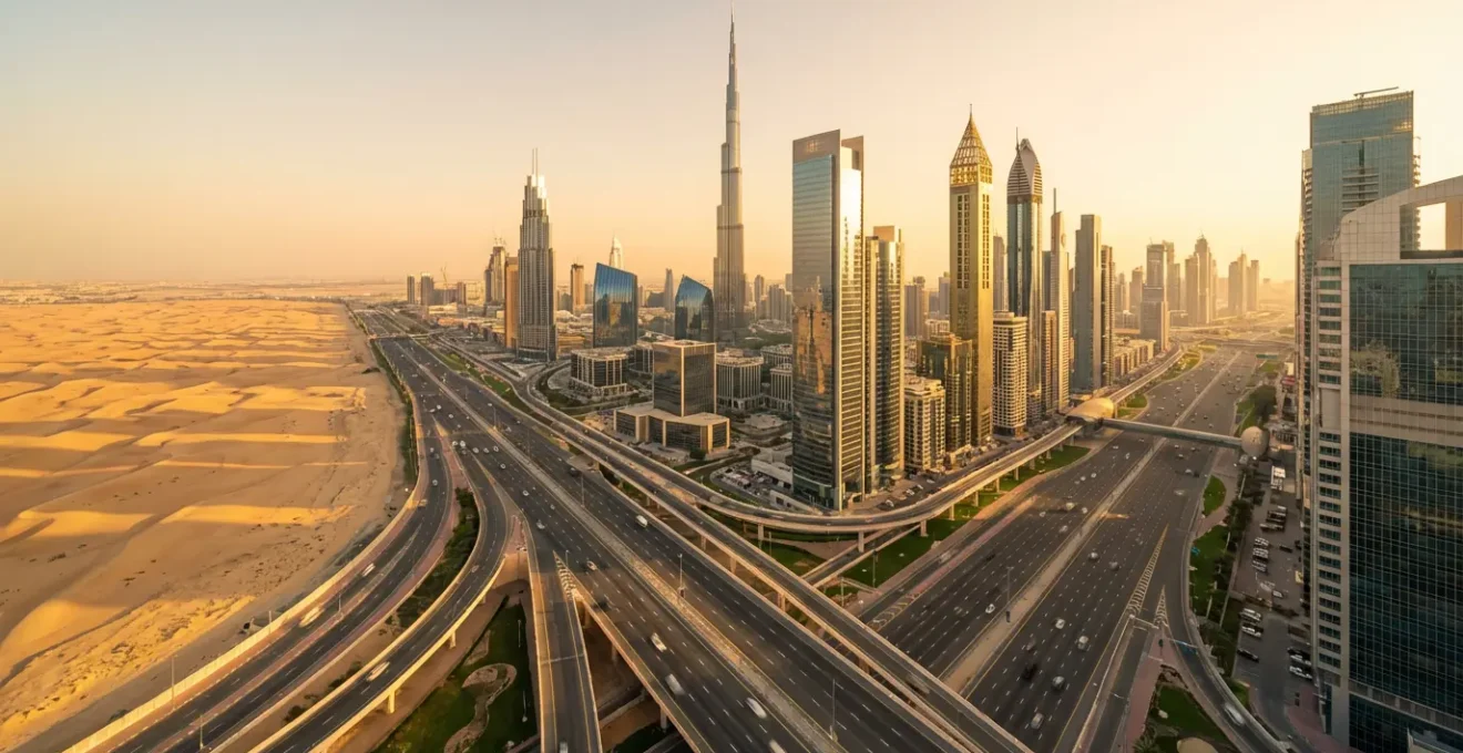 Vue aérienne de Dubaï avec ses gratte-ciels modernes au coucher du soleil