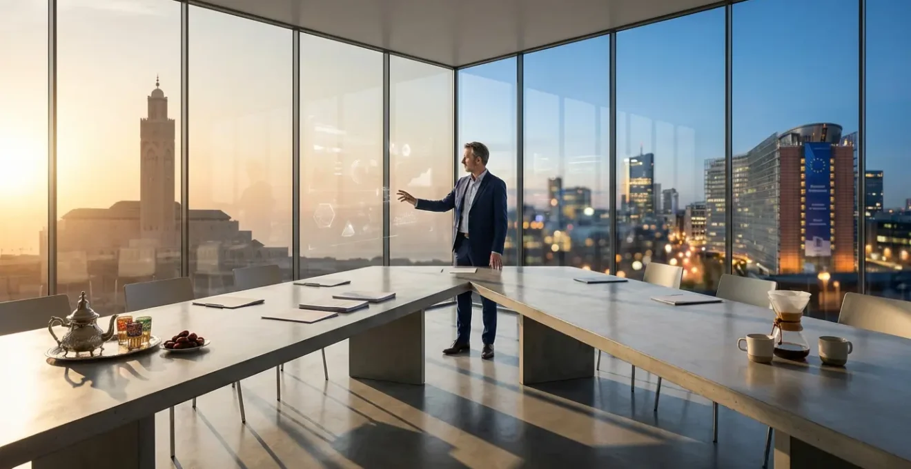 Consultant français en réunion d'affaires internationale dans un bureau moderne avec vue sur une skyline urbaine