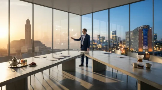 Consultant français en réunion d'affaires internationale dans un bureau moderne avec vue sur une skyline urbaine