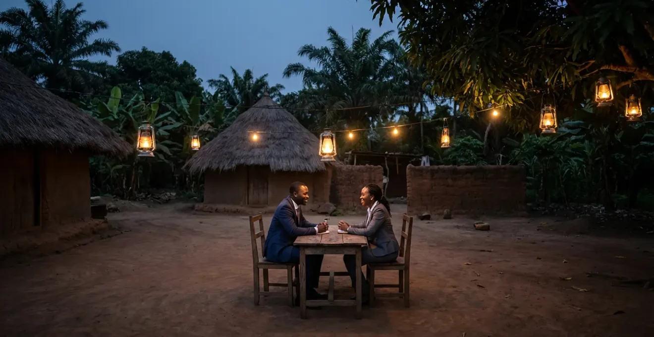 Deux entrepreneurs en discussion détendue dans un maquis traditionnel ivoirien