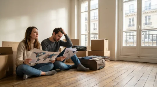 Couple préparant leur départ en expatriation avec des valises dans leur appartement parisien