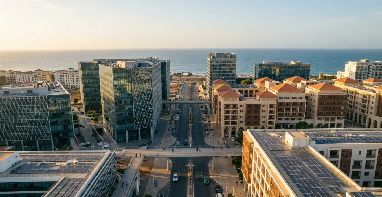 Vue panoramique du quartier d'affaires de Dakar avec gratte-ciels modernes et espaces verts intégrant technologie et tradition