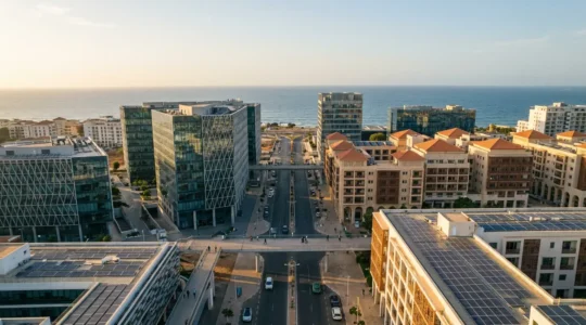 Vue panoramique du quartier d'affaires de Dakar avec gratte-ciels modernes et espaces verts intégrant technologie et tradition