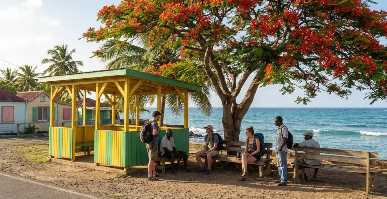 Vue panoramique d'un arrêt de bus coloré aux Antilles avec des voyageurs locaux et touristes attendant sous un flamboyant en fleurs