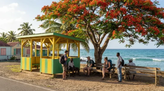 Vue panoramique d'un arrêt de bus coloré aux Antilles avec des voyageurs locaux et touristes attendant sous un flamboyant en fleurs