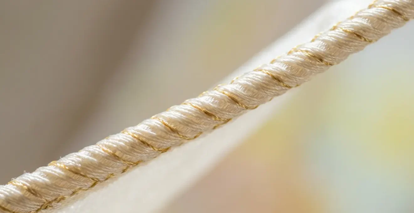 Détail macro d'un ourlet roulotté sur soie française montrant la finesse du travail artisanal
