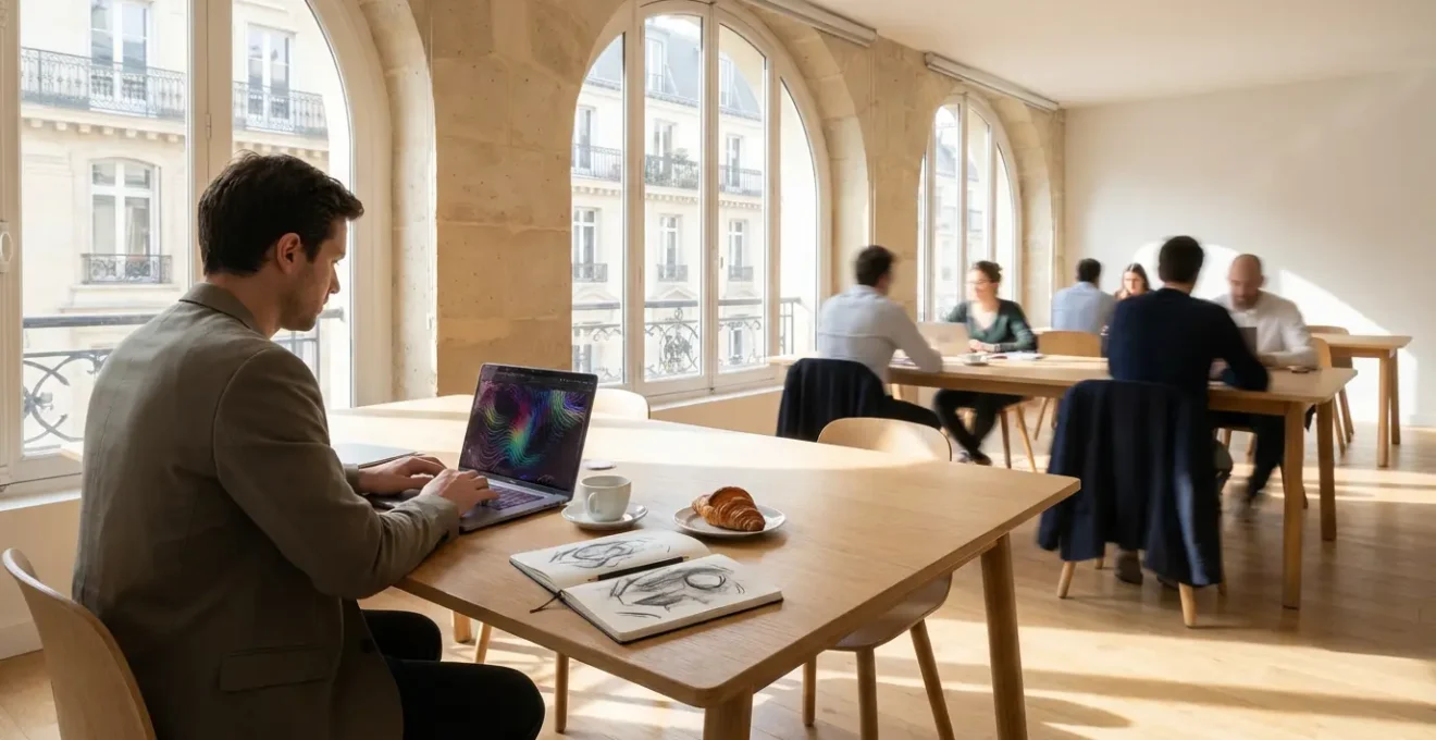 Entrepreneur analysant des données de validation de startup sur un ordinateur portable dans un espace de coworking français