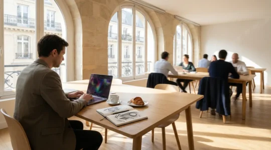 Entrepreneur analysant des données de validation de startup sur un ordinateur portable dans un espace de coworking français