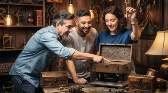 Équipe de joueurs collaborant dans un escape game avec éléments mystérieux et énigmes cachées