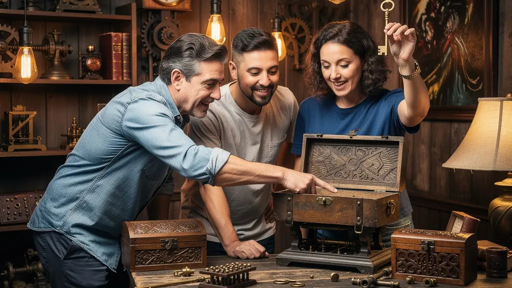 Équipe de joueurs collaborant dans un escape game avec éléments mystérieux et énigmes cachées