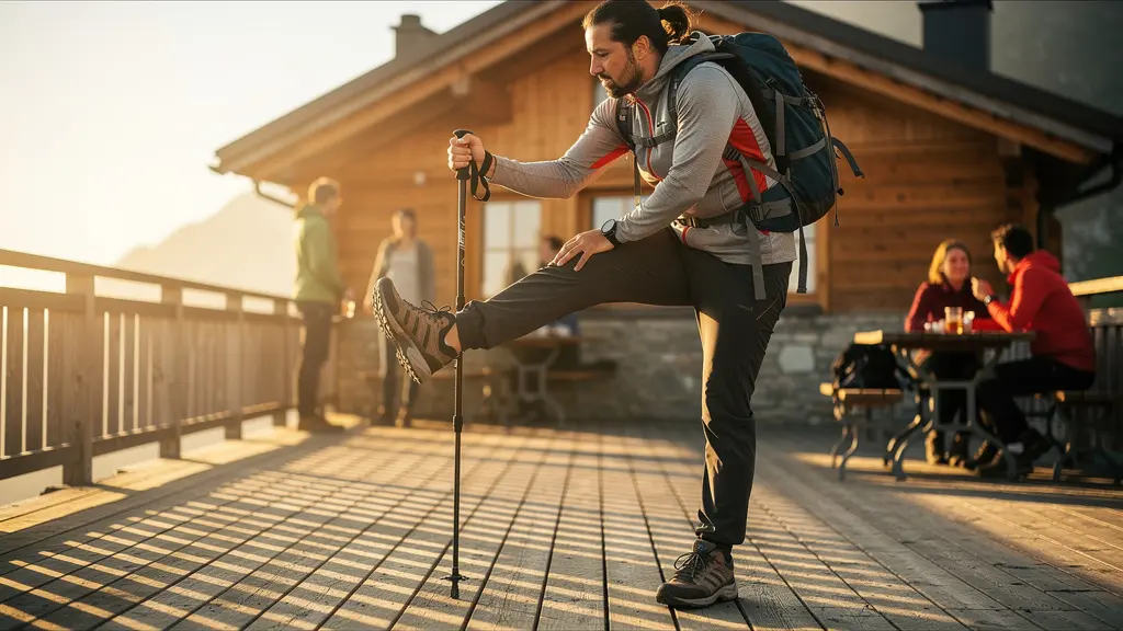 Randonneur pratiquant des étirements doux devant un refuge de montagne au coucher du soleil