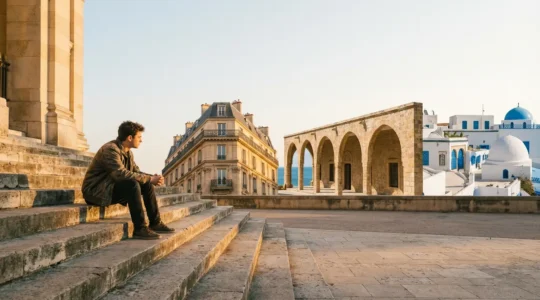 Étudiant réfléchissant devant trois destinations universitaires symbolisées par des éléments architecturaux méditerranéens