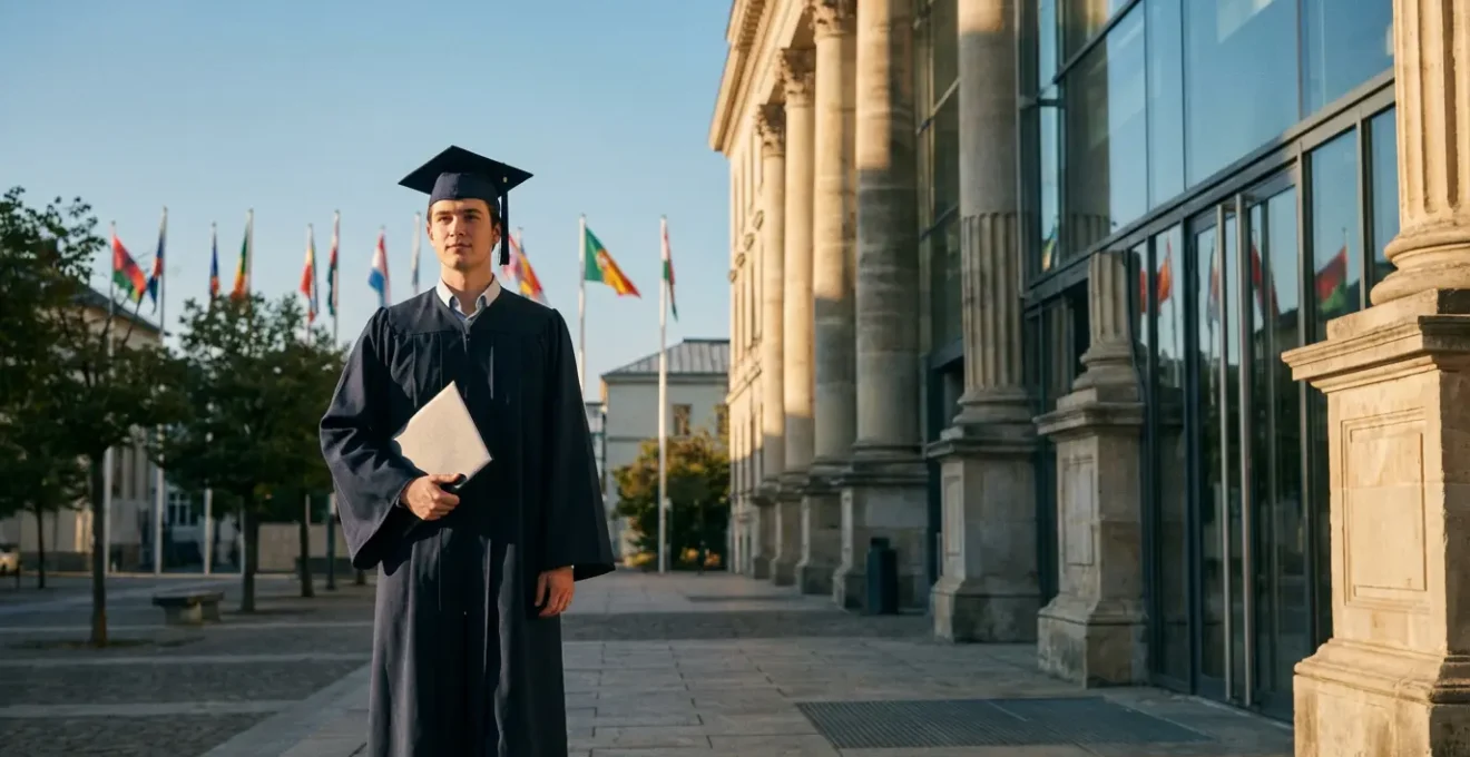 Jeune diplômé avec casquette de graduation dans un campus universitaire international