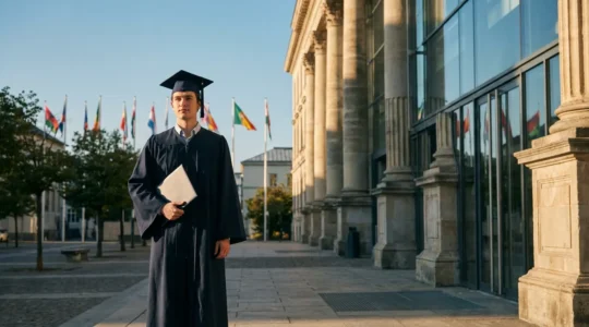 Jeune diplômé avec casquette de graduation dans un campus universitaire international