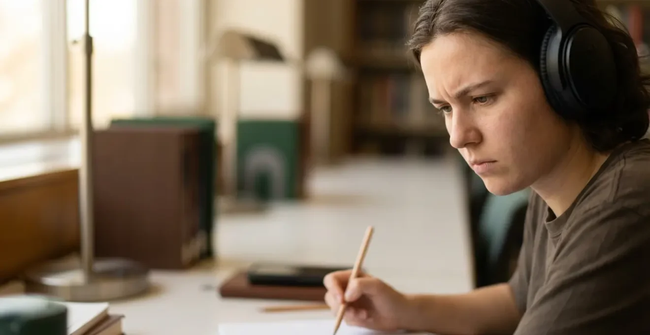 Portrait rapproché d'un étudiant très concentré pendant la préparation d'un examen de langue.