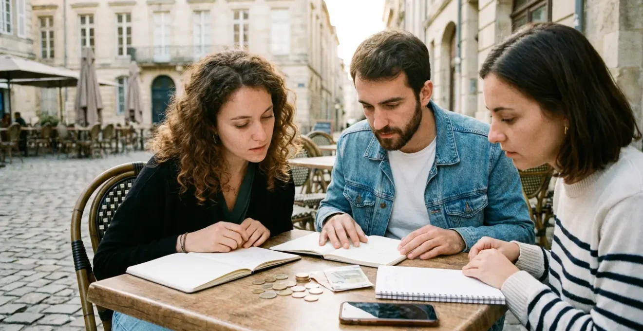 Étudiants en mobilité Erasmus calculant leur budget avec des documents financiers