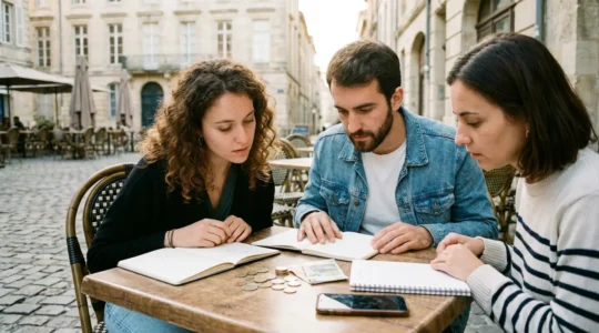 Étudiants en mobilité Erasmus calculant leur budget avec des documents financiers