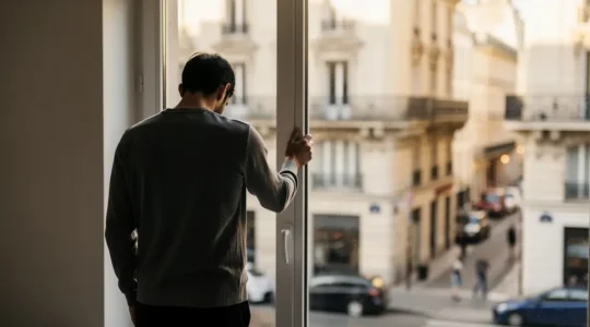 Personne de dos regardant à travers une fenêtre d'appartement vers une rue française, suggérant la solitude et le déracinement