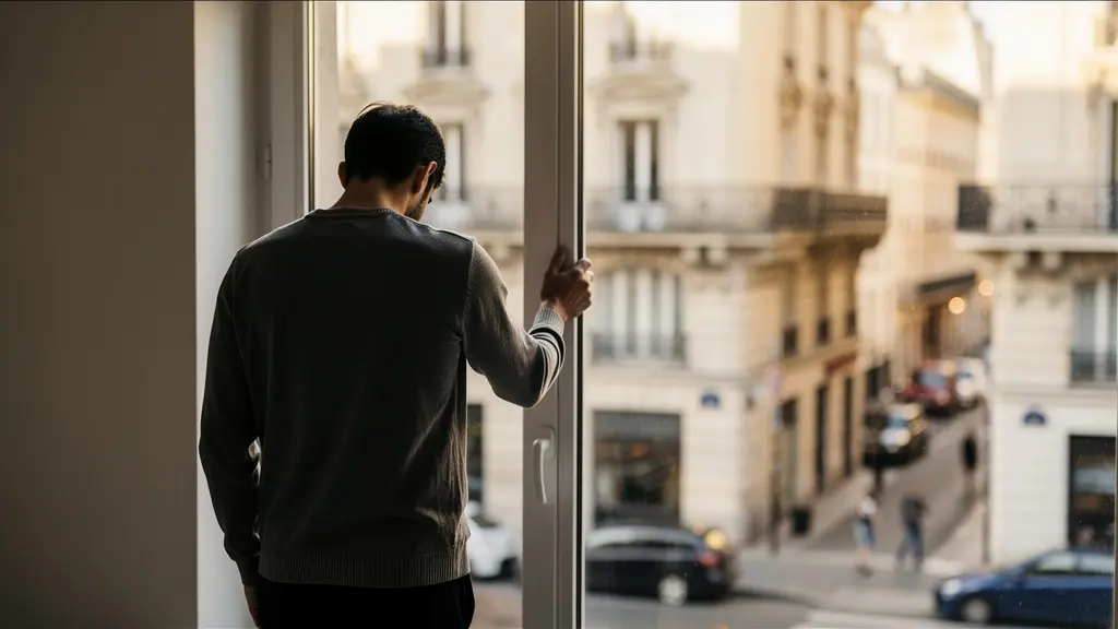 Personne de dos regardant à travers une fenêtre d'appartement vers une rue française, suggérant la solitude et le déracinement