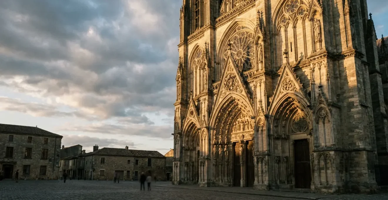 Détails architecturaux de la façade d'une cathédrale gothique française avec rosace et portail sculpté